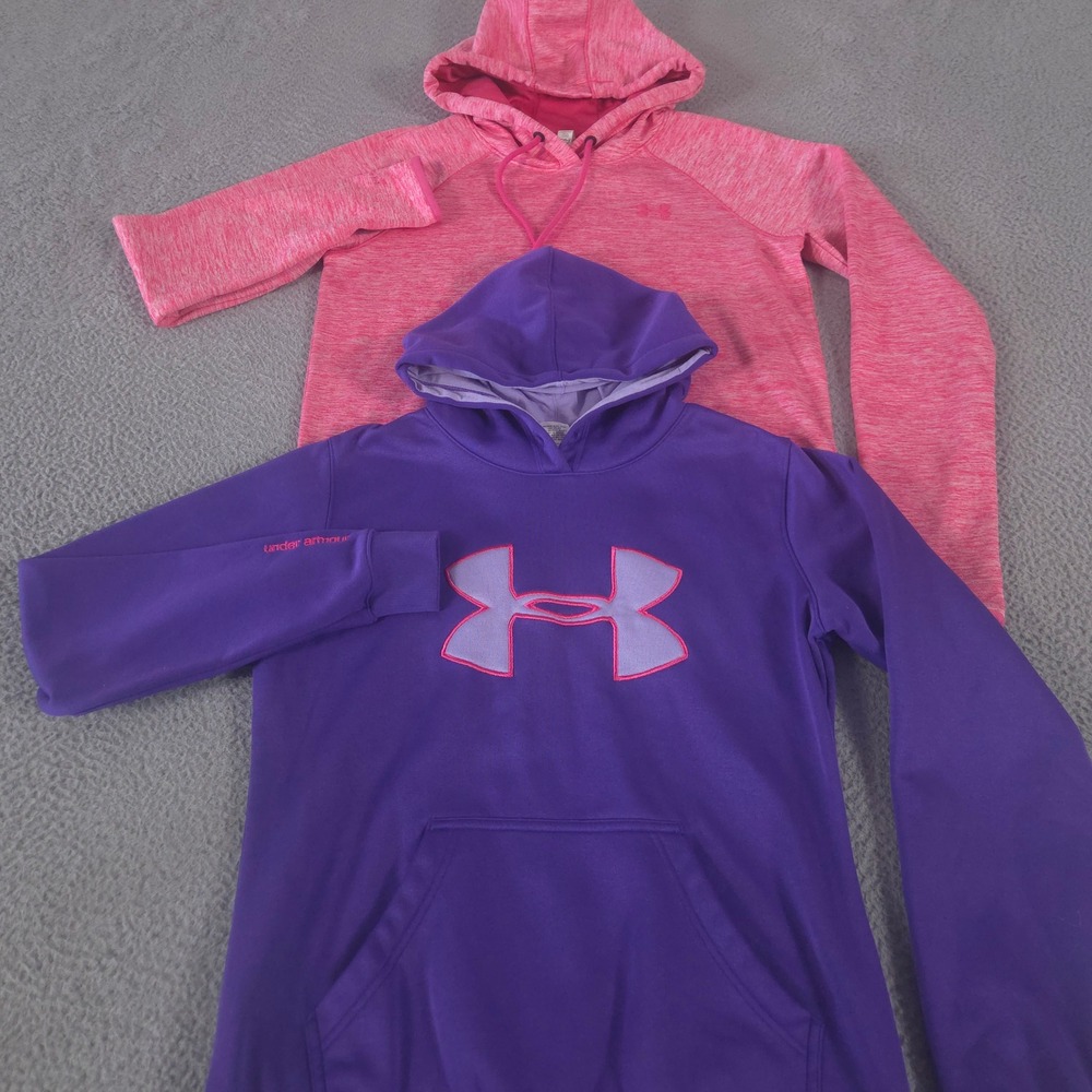 LOT OF 2 Under Armour Hoodie Womens S Multi Icon Fleece Oversized ColdGear Storm